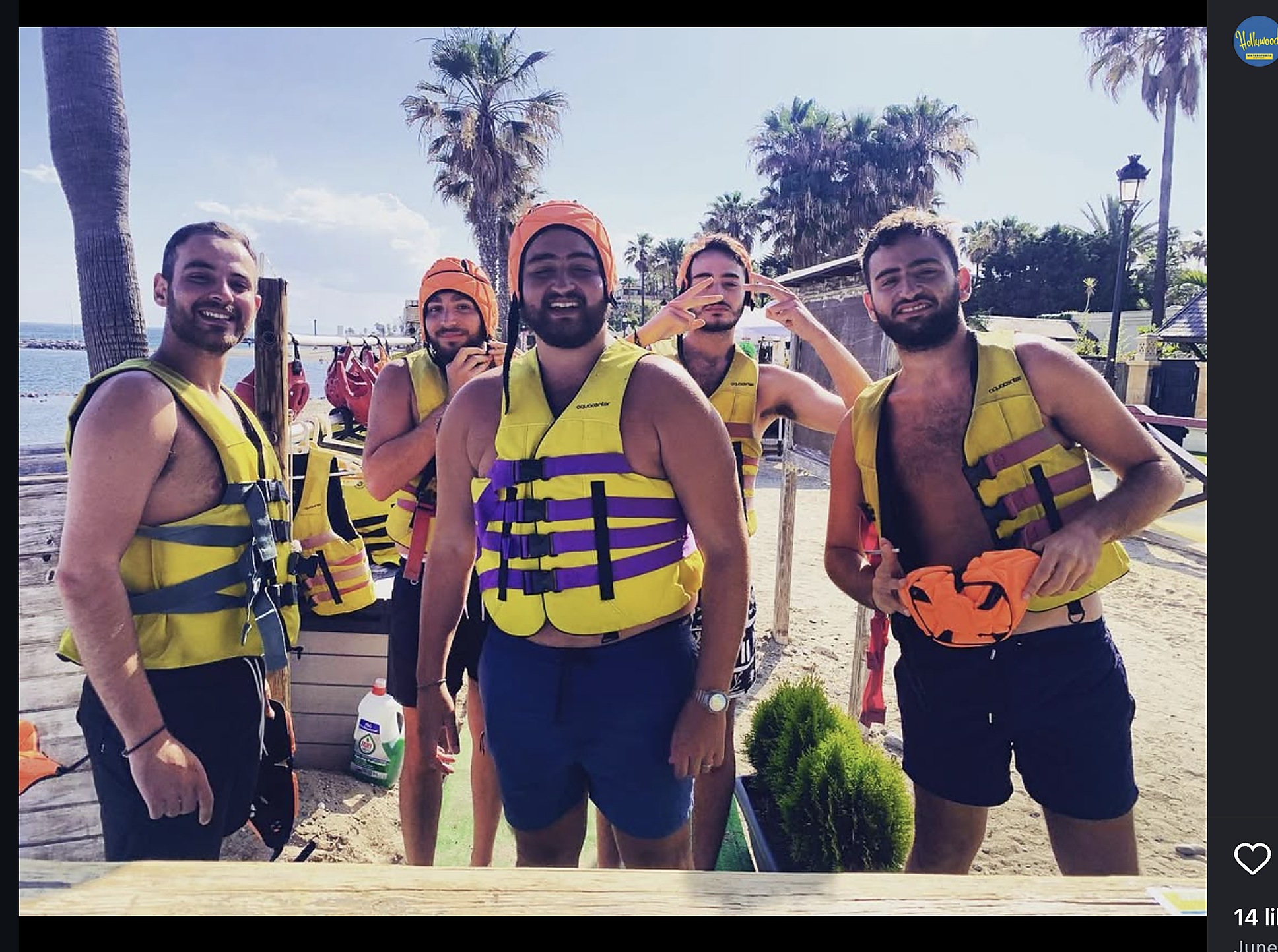 Group of friends in life vests ready for a pedal boat session in Puerto Banús
