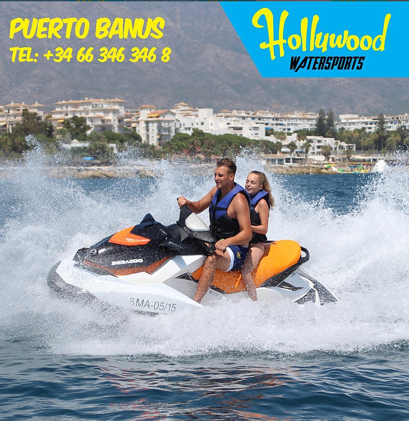Couple riding an orange Sea-Doo jet ski in Puerto Banús